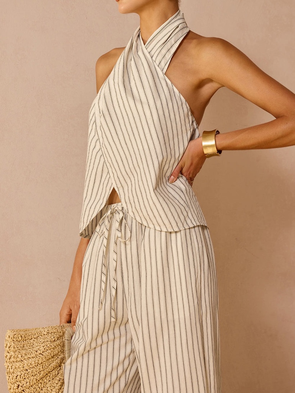 Commense Cream and Black Striped Wide-Leg Pants Set - Picture 3 of 5